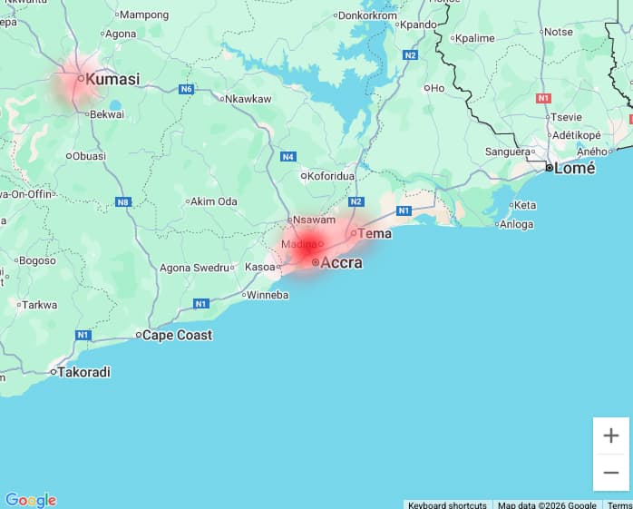 Scam listings heatmap of Ghana